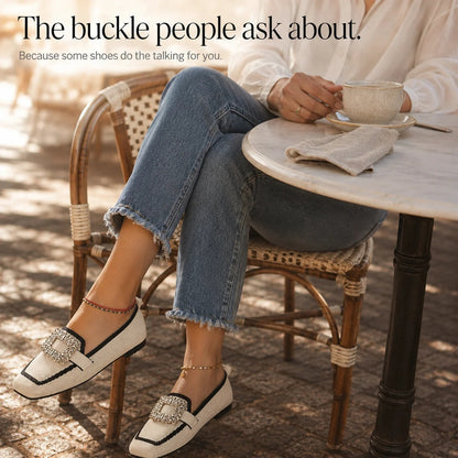 Crystal Buckle Square-Toe Knit Loafer Flats for Women