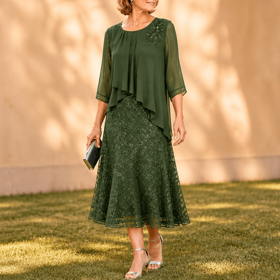 Elavine Layered Chiffon Lace Overlay Women's Midi Dress with Sheer Sleeves