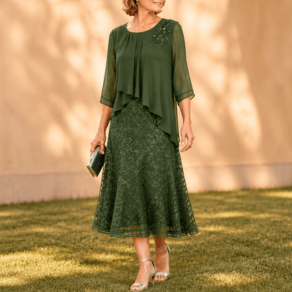 Elavine Layered Chiffon Lace Overlay Women's Midi Dress with Sheer Sleeves
