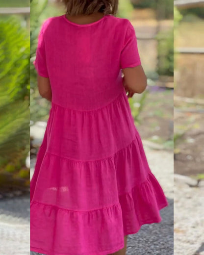 Elsie Tiered V-Neck Cotton Linen Summer Dress with Short Sleeves