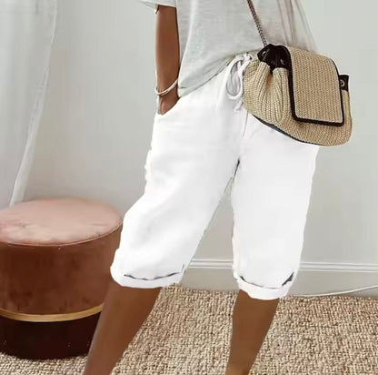 Heidi Linen Drawstring Tailored Shorts for Women with Elastic Waist