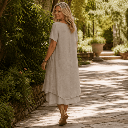 Layered Double-Hem A-Line Cotton Linen Summer Midi Dress for Women with Short Sleeves