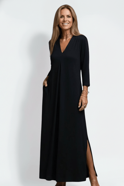 Women's Long Sleeve V-Neck Jersey Knit Maxi Dress with Side Slit