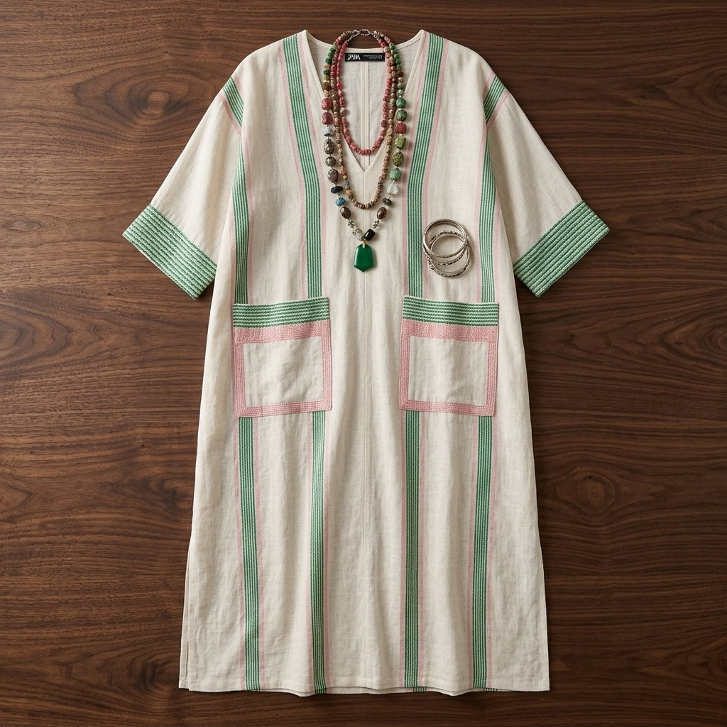 Calveth Relaxed Striped Linen Summer Maxi Dress with Patch Pockets