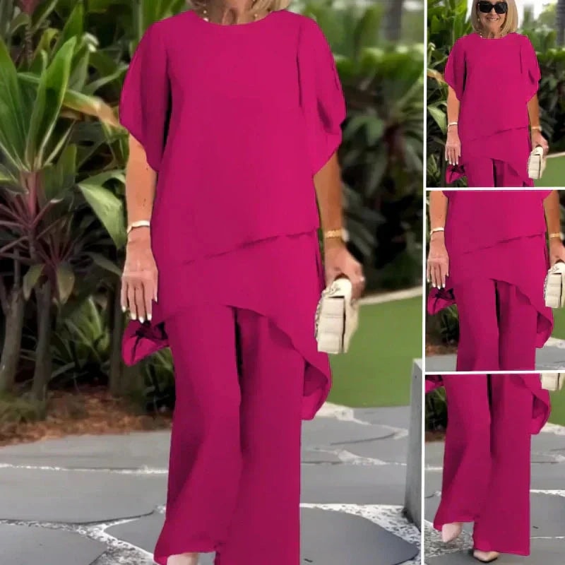 Women's Flowy Two-Piece Wide-Leg Pant Set with Draped Cape Top