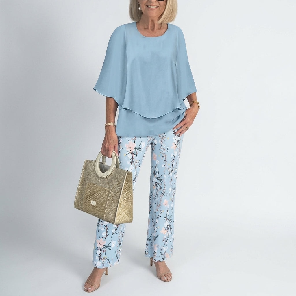 Women's Matching Two-Piece Set with Layered Flutter Top and Wide-Leg Pants