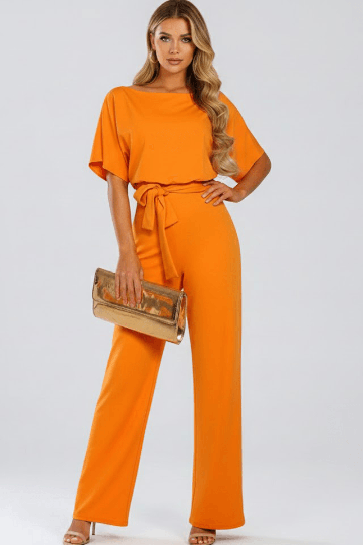Women's Wide-Leg Linen Jumpsuit with Tie Waist and Belt Detail