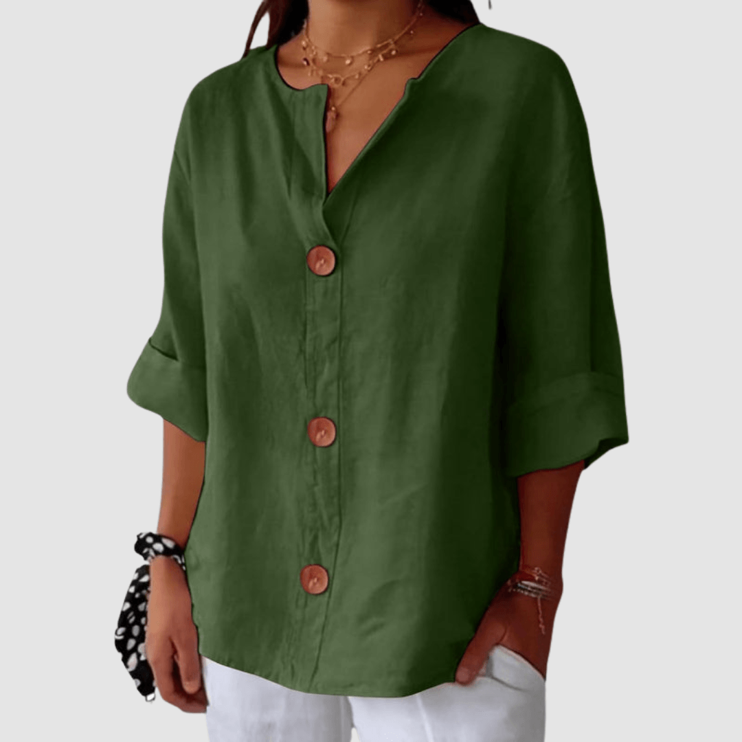 Leah Casual Linen Blouse with V-Neck Button Front and Rolled Sleeves