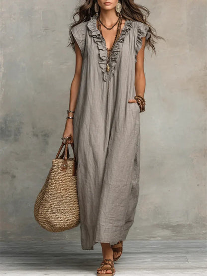 Caldora Maxi Dress in Summer Linen with Ruffle V-Neck and Side Pockets