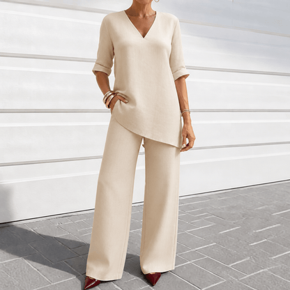 Draperly V-Neck Linen-Look Matching Set with Wide-Leg Pants
