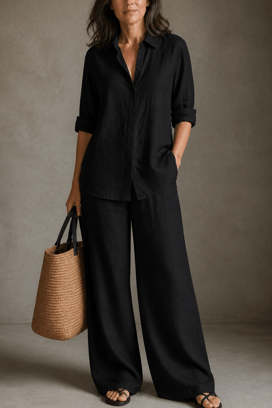 Women's Linen Shirt and Wide-Leg Tailored Trouser Two-Piece Set