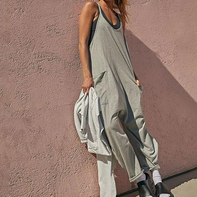 Sarah Slouchy V-Neck Sleeveless Jumpsuit with Oversized Patch Pockets