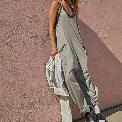 Sarah Slouchy V-Neck Sleeveless Jumpsuit with Oversized Patch Pockets