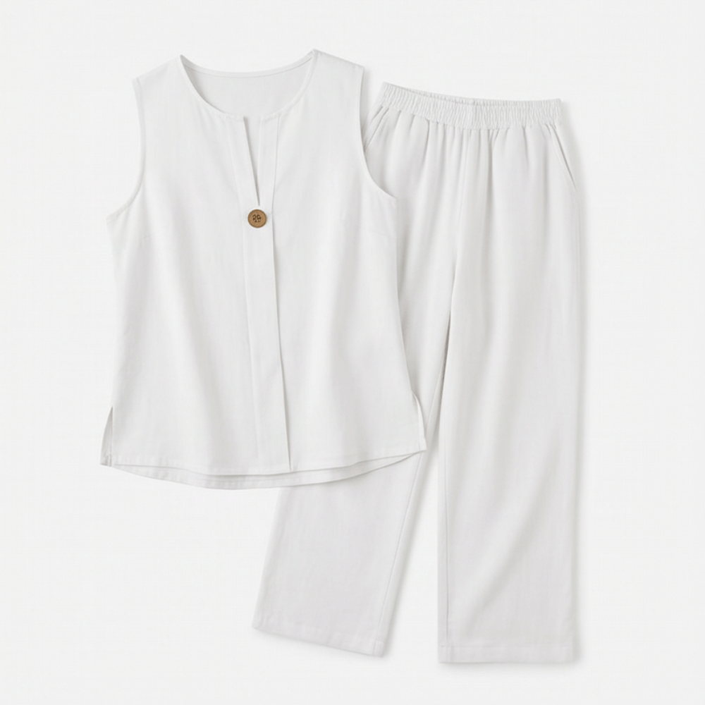 Women's Sleeveless Linen Top with Wide-Leg Tailored Trouser Set