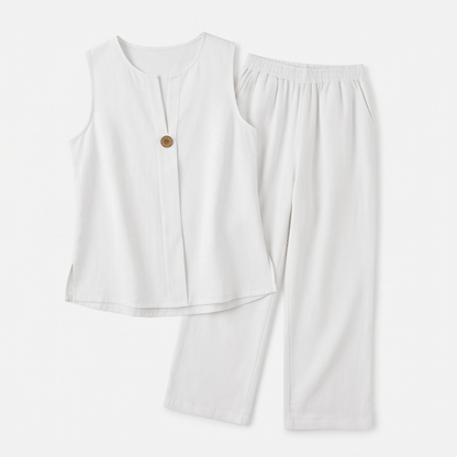 Women's Sleeveless Linen Top with Wide-Leg Tailored Trouser Set