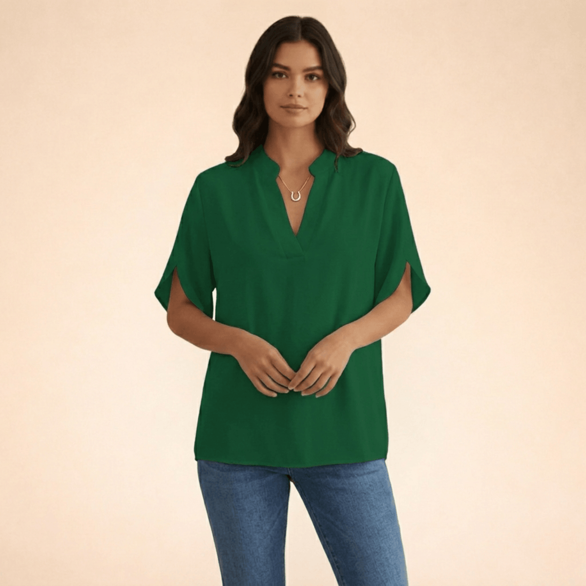 Women's V-Neck Split-Sleeve Top with Flowy Loose Fit