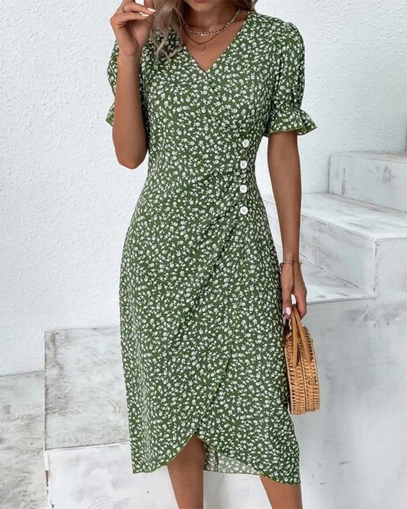 Martha Floral V-Neck Button Front Midi Dress for Women with Puff Sleeves