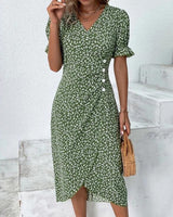 Martha Floral V-Neck Button Front Midi Dress for Women with Puff Sleeves