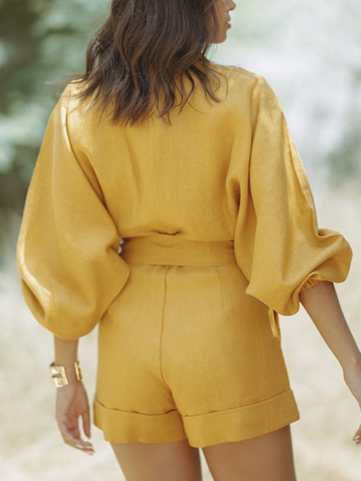 Women's Belted Long-Sleeve Linen Playsuit with Pockets