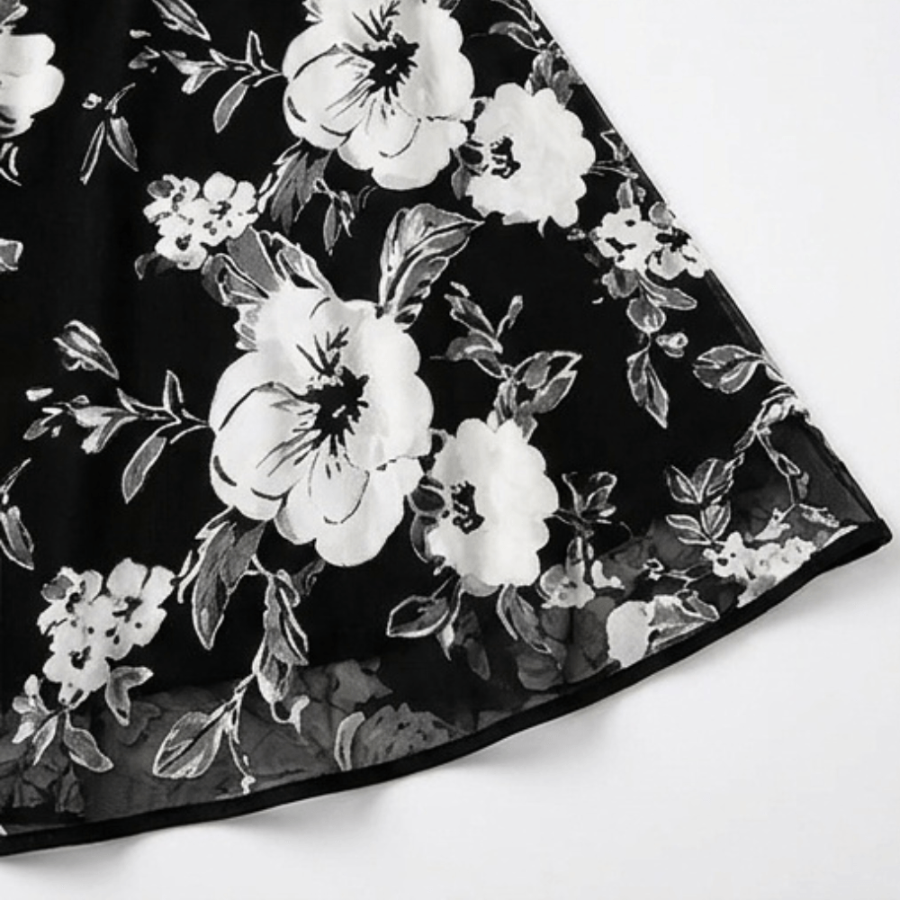 Solenya Black Floral Chiffon A-Line Women's Midi Dress with Sheer Overlay