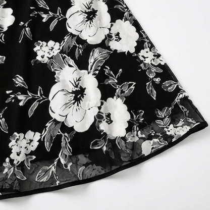 Solenya Black Floral Chiffon A-Line Women's Midi Dress with Sheer Overlay