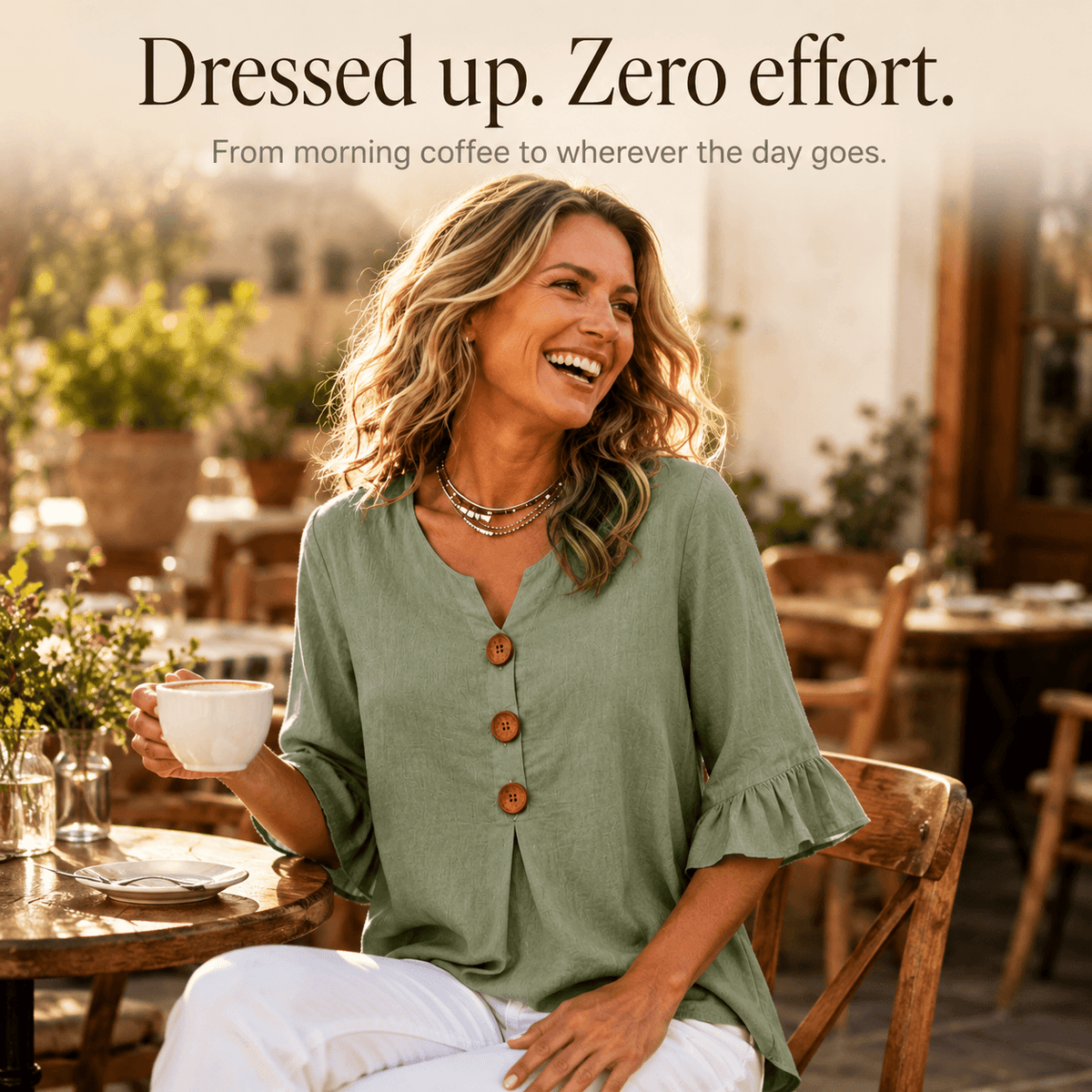 Laurelle V-Neck Ruffle Sleeve Blouse with Button Detail