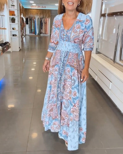 Alira Paisley Floral V-Neck Maxi Dress with Tie Waist for Women