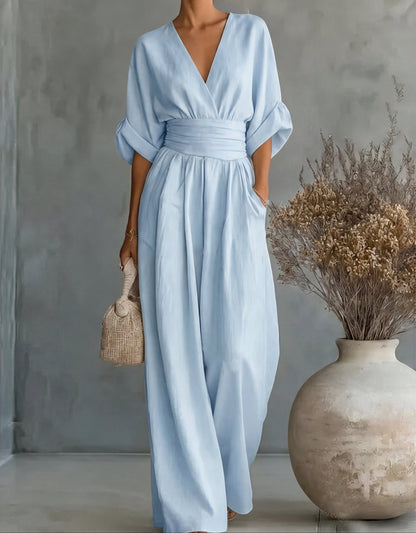 Linen V-Neck Wide-Leg Jumpsuit with Wrap Front and Short Sleeves