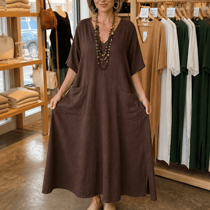 Marisole Loose-Fit V-Neck Maxi Dress with Deep Pockets and Side Slits