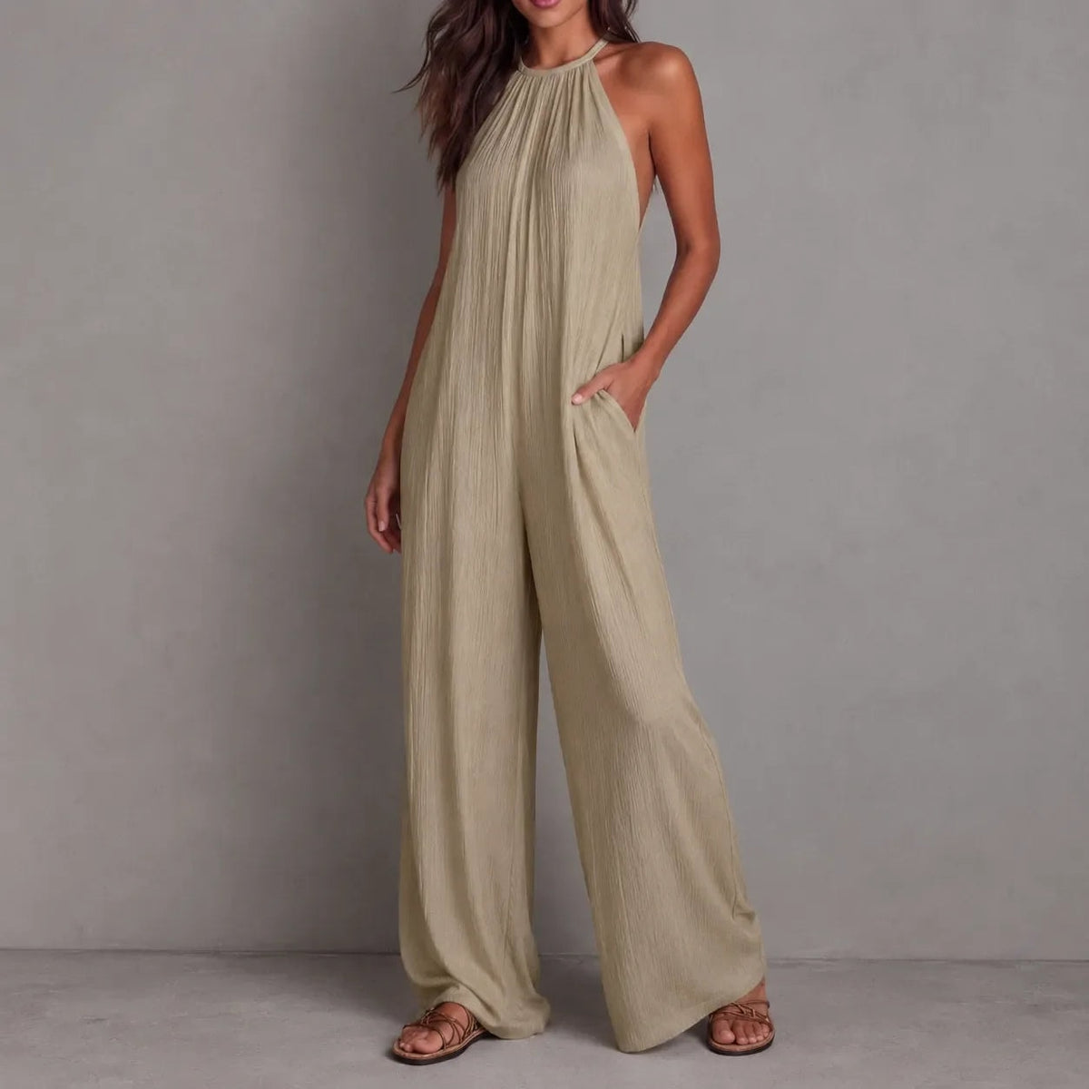 Drevana Halter Wide-Leg Jumpsuit for Women with Deep Pockets and Flowy Drape