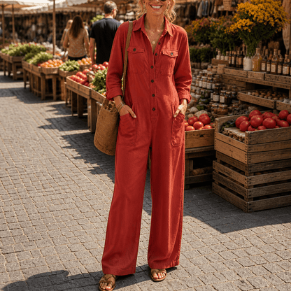 Women's Wide-Leg Cargo Utility Jumpsuit with Button-Front Top