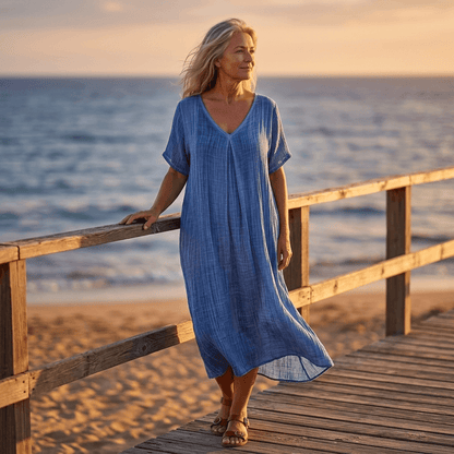Women's Cotton Linen V-Neck Midi Summer Dress with Short Sleeves