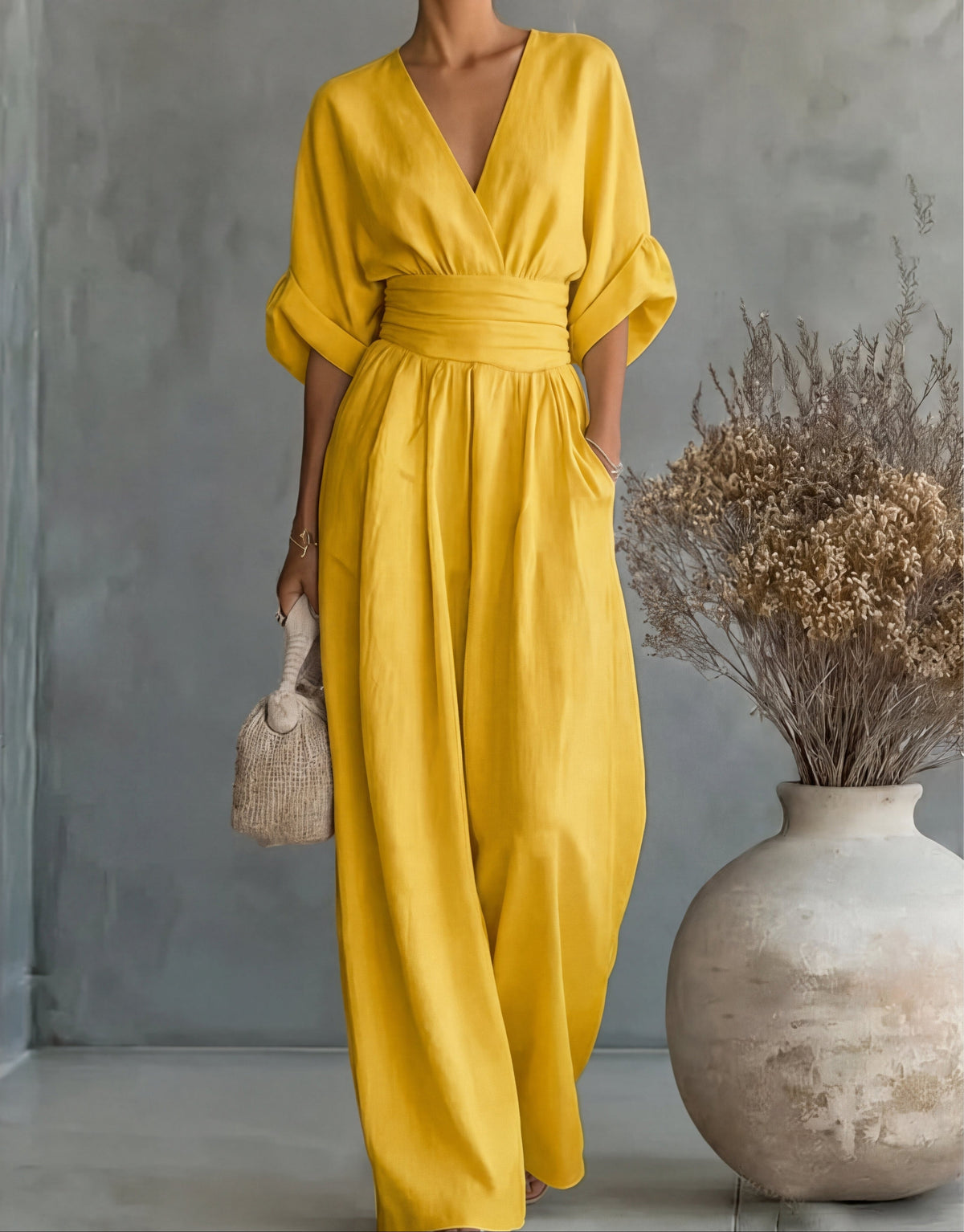 Linen V-Neck Wide-Leg Jumpsuit with Wrap Front and Short Sleeves