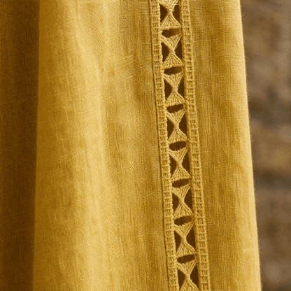 Women's Relaxed Linen-Cotton Summer Midi Dress with Lace Trim and Pockets