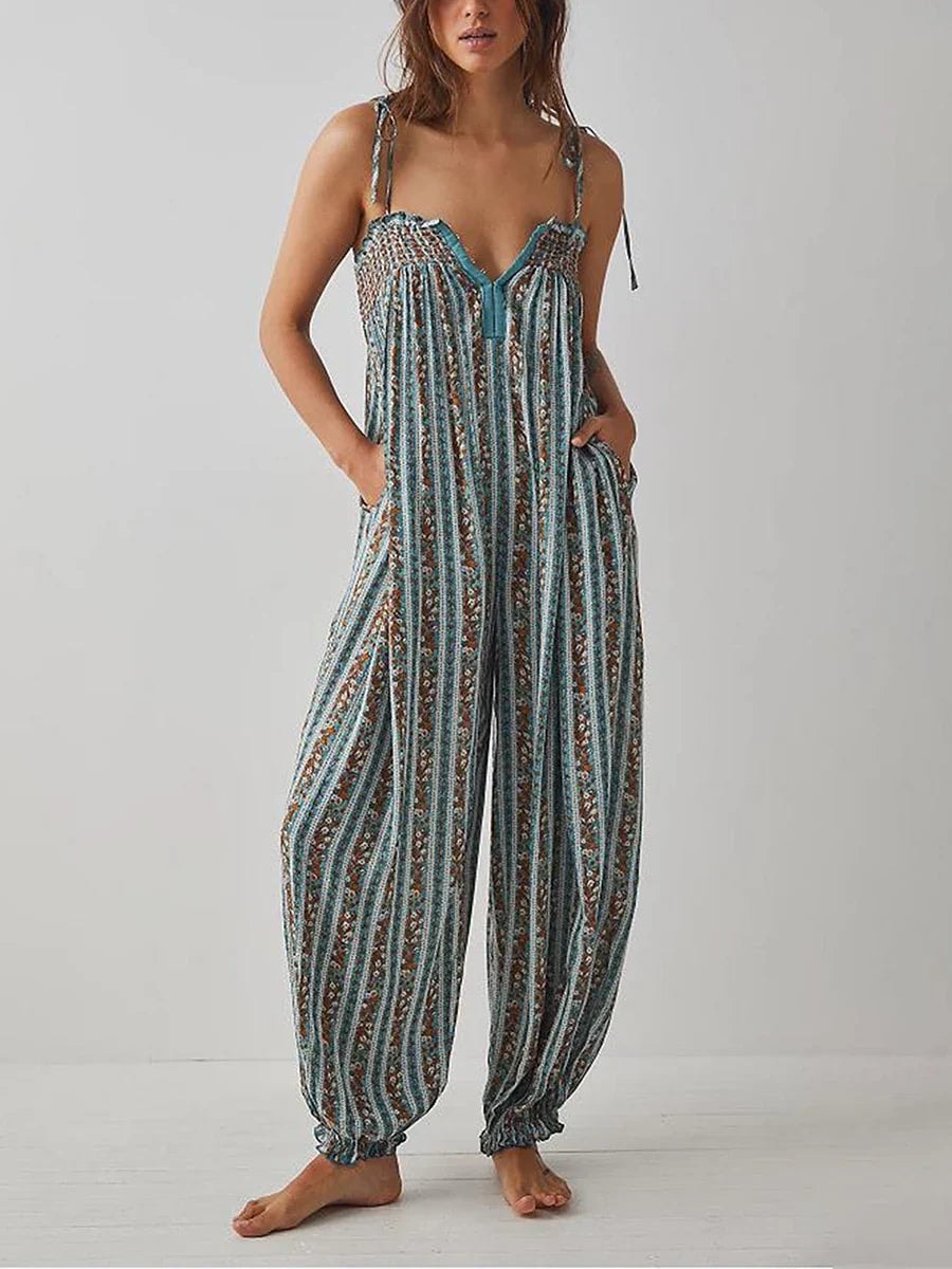 Women's Boho Harem Linen Jumpsuit with Tie-Shoulder Straps