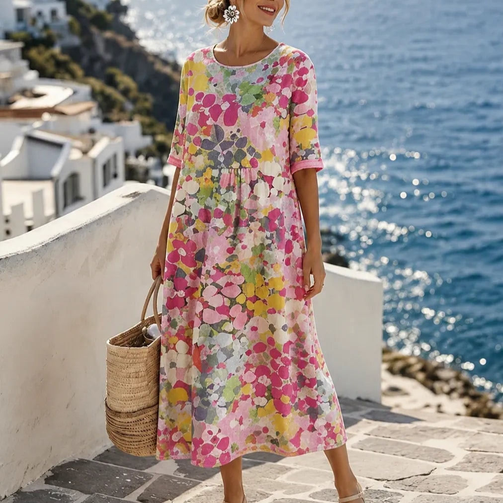 Marivella Floral Loose Midi Dress with Hidden Side Pockets