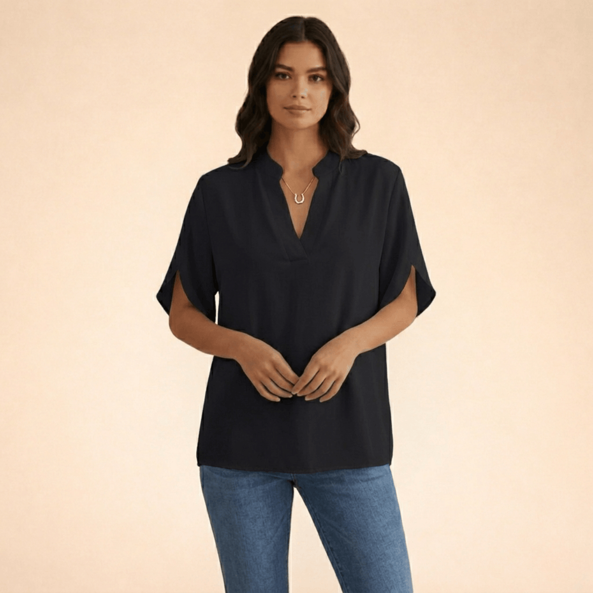 Women's V-Neck Split-Sleeve Top with Flowy Loose Fit