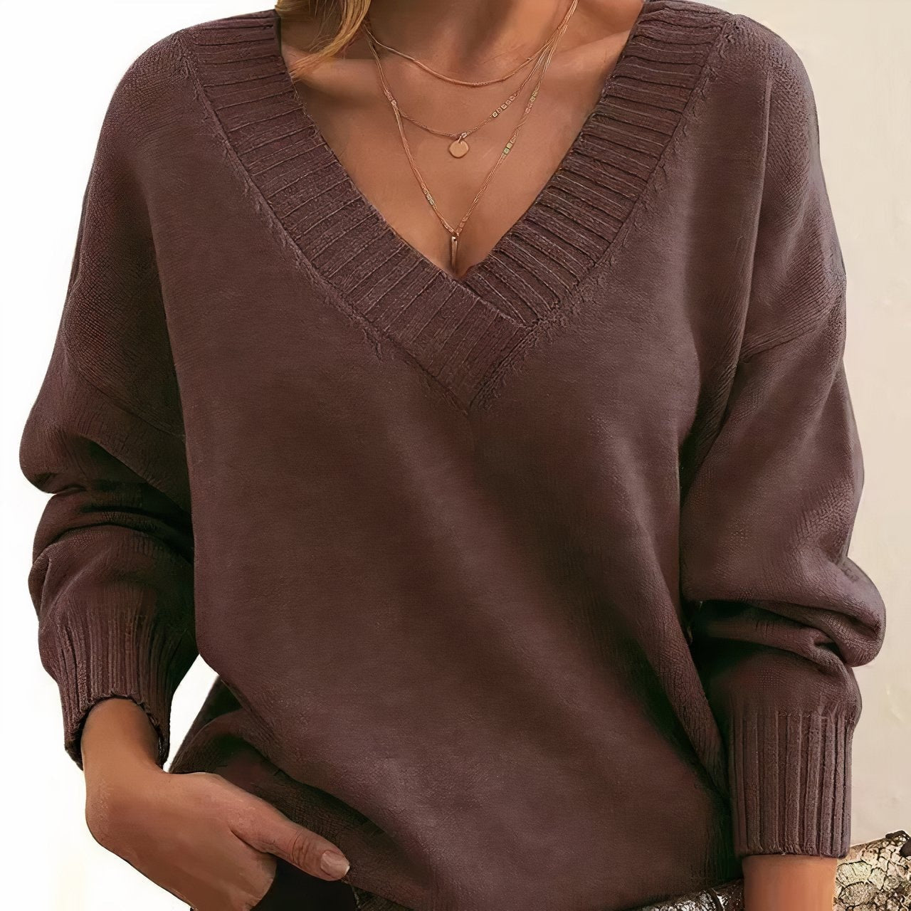 Mercy V-Neck Relaxed Fit Knit Sweater with Ribbed Cuffs