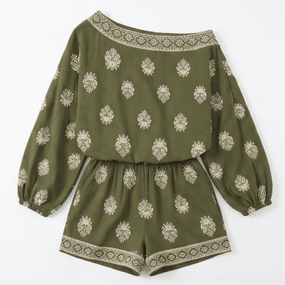 Solenne Off-Shoulder Block Print Two Piece Co Ord Set with Pockets