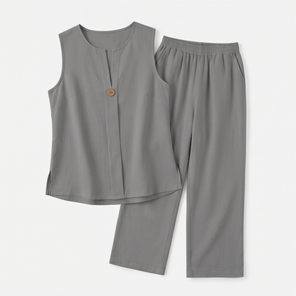 Women's Sleeveless Linen Top with Wide-Leg Tailored Trouser Set