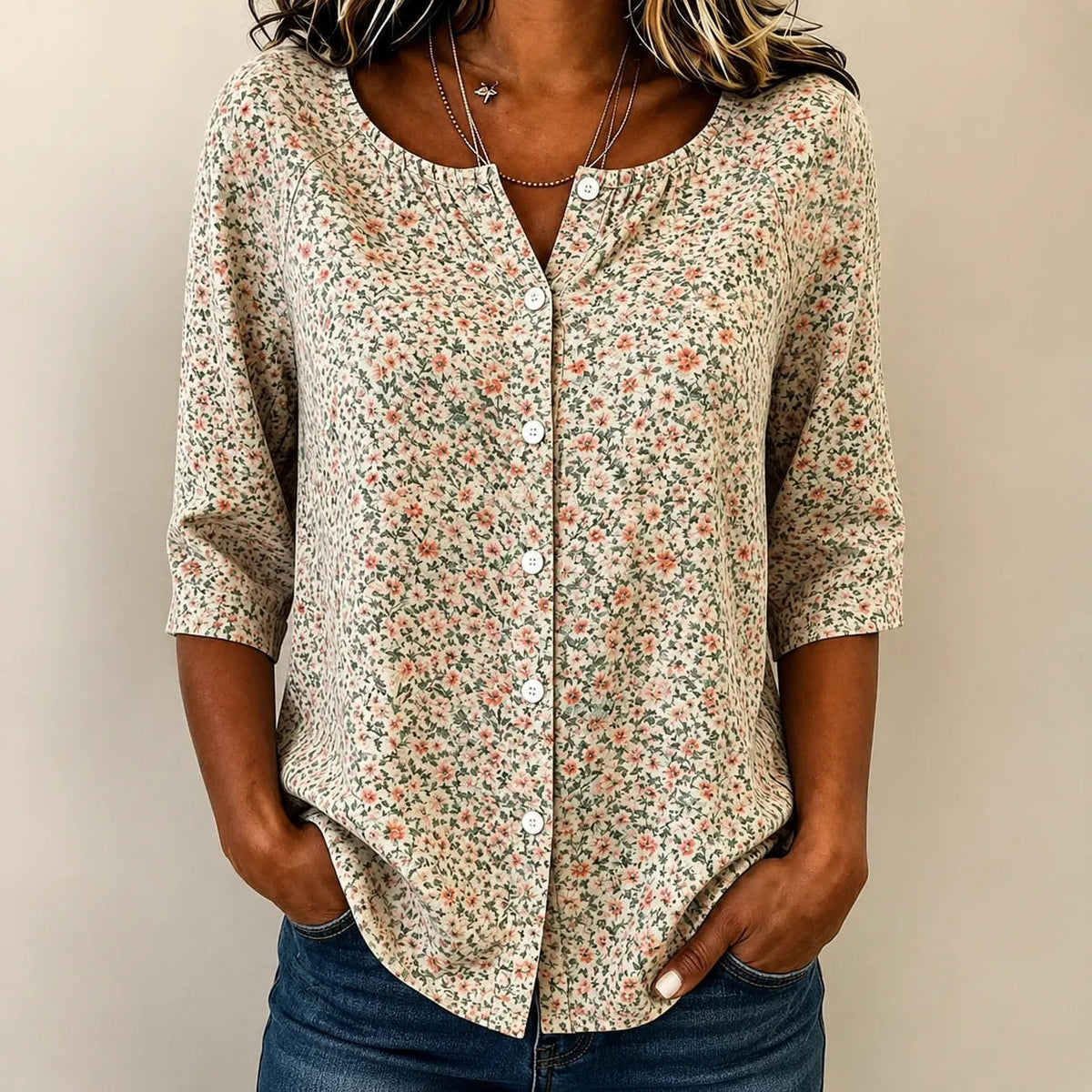 Florenne Ditsy Floral Button-Up Blouse with Three-Quarter Sleeves