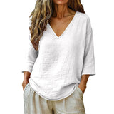 Sereva Women's Relaxed V-Neck Linen Top with Three-Quarter Sleeves