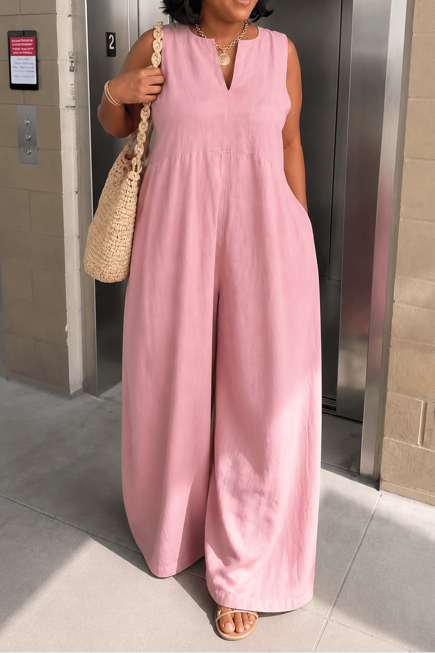 Women's Wide-Leg V-Neck Linen-Look Jumpsuit with Pockets