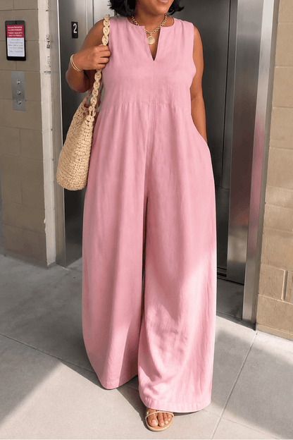 Women's Wide-Leg V-Neck Linen-Look Jumpsuit with Pockets