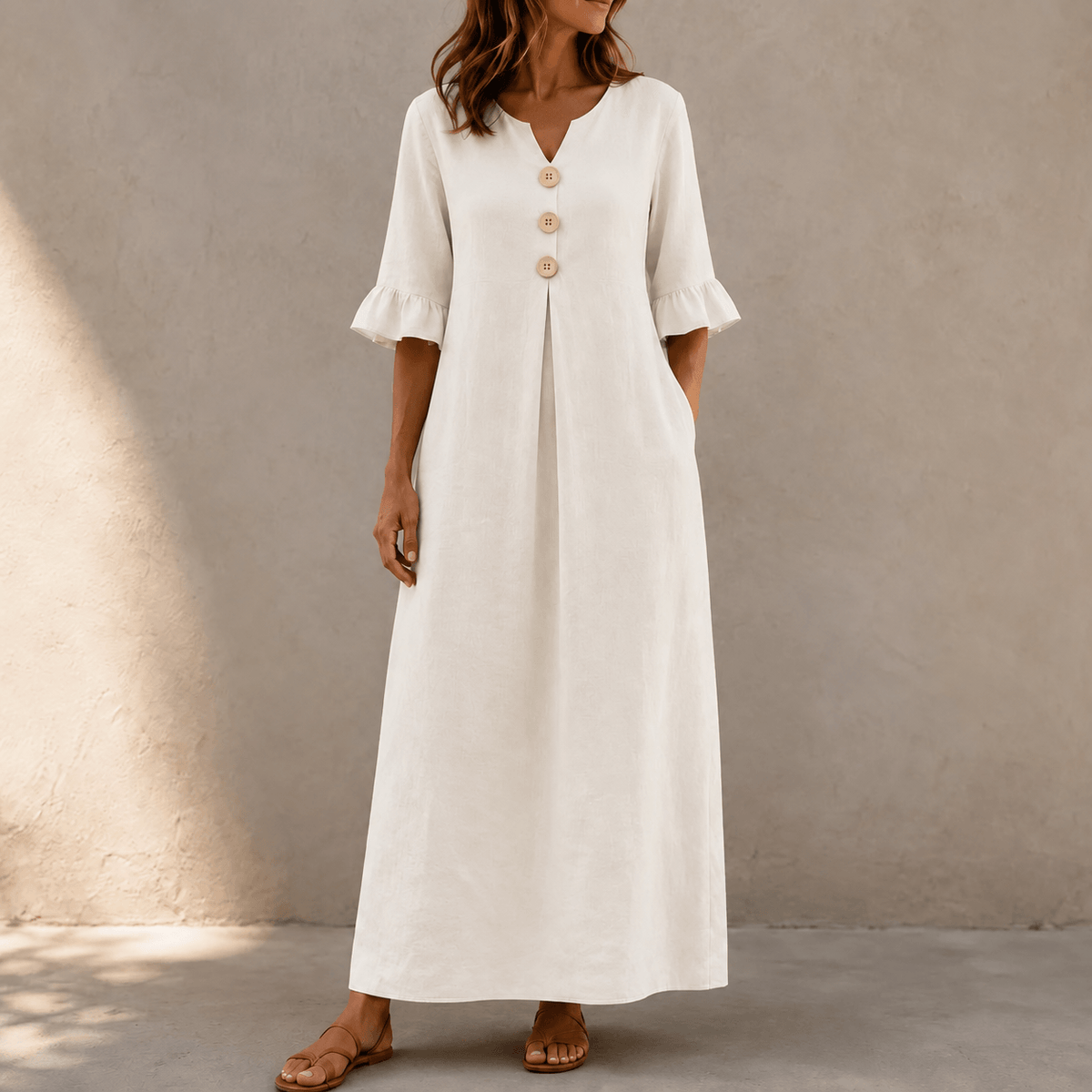 Marellia Flowy Linen-Look V-Neck Summer Maxi Dress with Ruffle Sleeves and Pockets