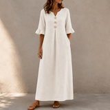 Marellia Flowy Linen-Look V-Neck Summer Maxi Dress with Ruffle Sleeves and Pockets