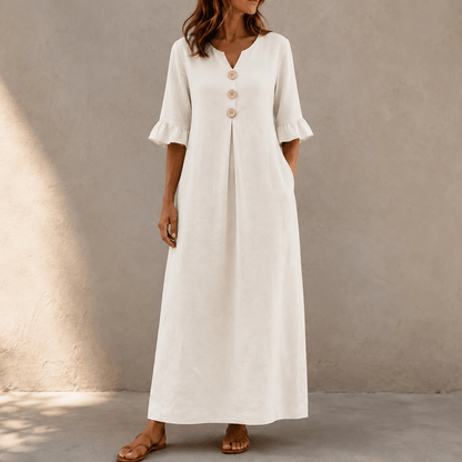 Marellia Flowy Linen-Look V-Neck Summer Maxi Dress with Ruffle Sleeves and Pockets
