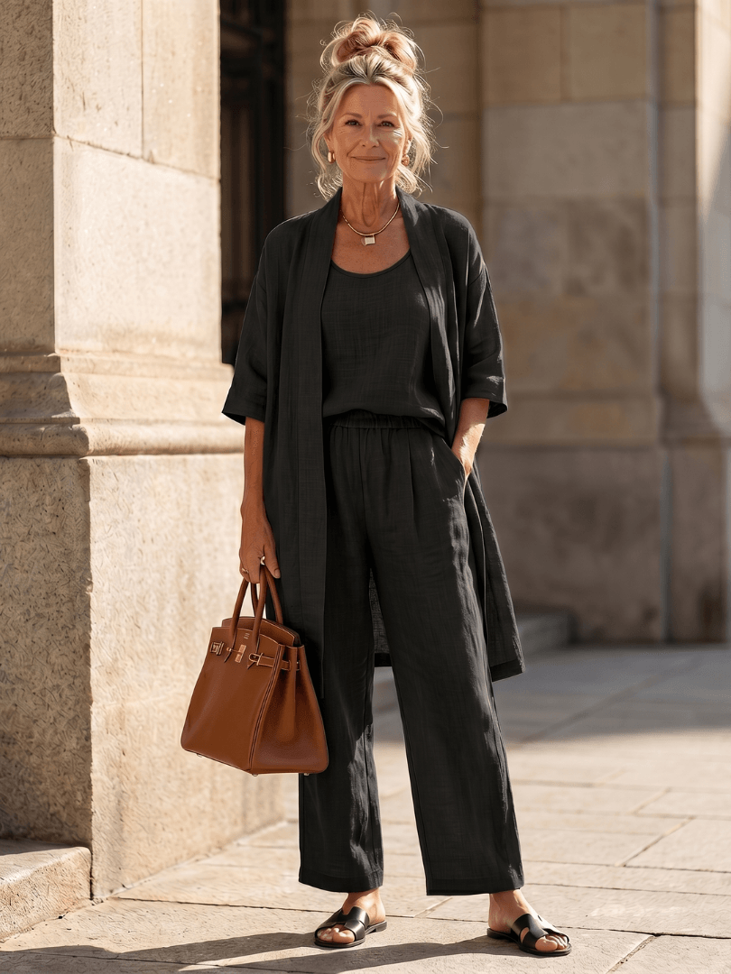 Linen Wide-Leg Pant and Duster Jacket Women's Two-Piece Co-Ord Set
