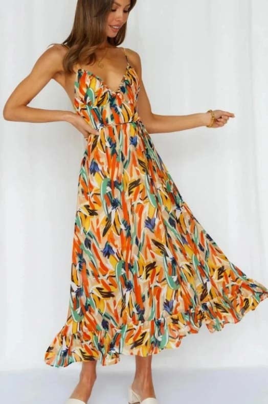Sara Woven Midi Summer Dress with Abstract Floral Print and Tie Waist