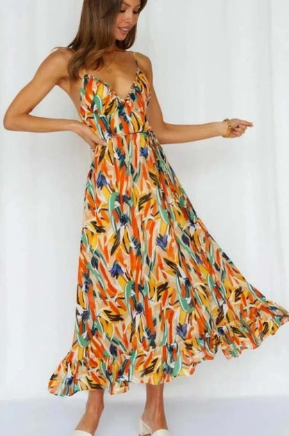 Sara Woven Midi Summer Dress with Abstract Floral Print and Tie Waist